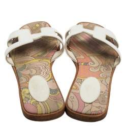 Pre Owned Hermes White Leather Oran Flat Slides Size 39