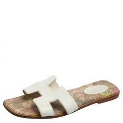 Pre Owned Hermes White Leather Oran Flat Slides Size 39