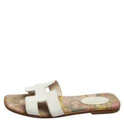 Pre Owned Hermes White Leather Oran Flat Slides Size 39