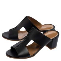 Hermès Black Leather Ostia Slide Sandals Size 37