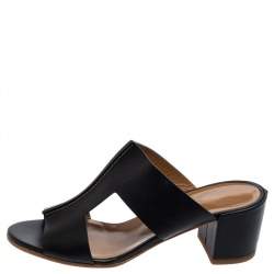 Hermès Black Leather Ostia Slide Sandals Size 37
