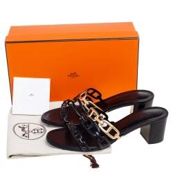 Pre Owned Hermés Black/Gold Leather Tandem Slide Sandals Size 38