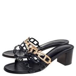 Pre Owned Hermés Black/Gold Leather Tandem Slide Sandals Size 38