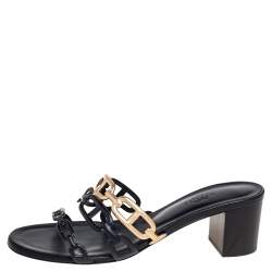 Pre Owned Hermés Black/Gold Leather Tandem Slide Sandals Size 38