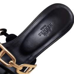 Pre Owned Hermés Black/Gold Leather Tandem Slide Sandals Size 38