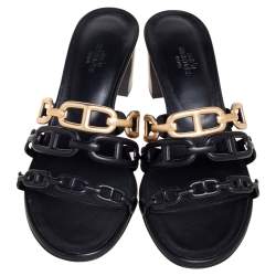 Pre Owned Hermés Black/Gold Leather Tandem Slide Sandals Size 38
