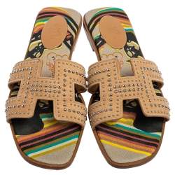 Hermes Beige Studded Suede Oran Flat Slides Size 39