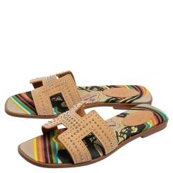 Hermes Beige Studded Suede Oran Flat Slides Size 39