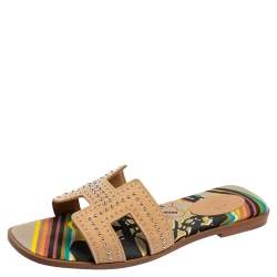 Hermes Beige Studded Suede Oran Flat Slides Size 39