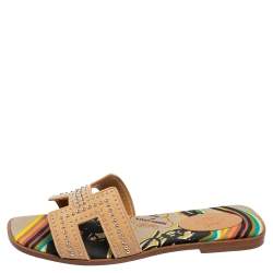 Hermes Beige Studded Suede Oran Flat Slides Size 39
