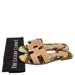 Hermes Beige Studded Suede Oran Flat Slides Size 39