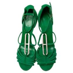 Hermès Green Suede Crystals Embellished T-Strap Open-Toe Sandals Size 38.5