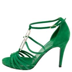 Hermès Green Suede Crystals Embellished T-Strap Open-Toe Sandals Size 38.5