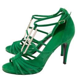Hermès Green Suede Crystals Embellished T-Strap Open-Toe Sandals Size 38.5