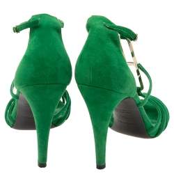 Hermès Green Suede Crystals Embellished T-Strap Open-Toe Sandals Size 38.5