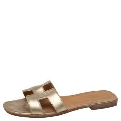 Pre Owned Hermes Gold Leather Oran Flat Slides Size 40