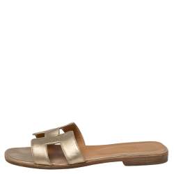 Pre Owned Hermes Gold Leather Oran Flat Slides Size 40