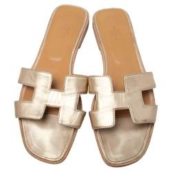 Pre Owned Hermes Gold Leather Oran Flat Slides Size 40