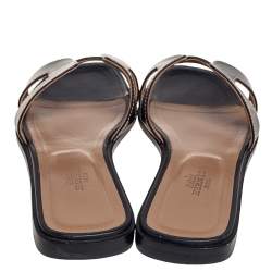 Pre Owned Hermes Black Leather Oran Flat Slides Size 38.5