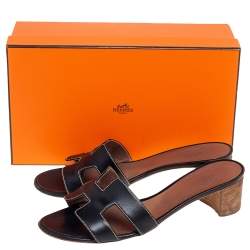 Hermes Black  Leather Oasis  Sandals Size 38.5
