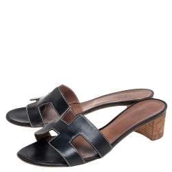 Hermes Black  Leather Oasis  Sandals Size 38.5