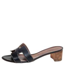 Hermes Black  Leather Oasis  Sandals Size 38.5