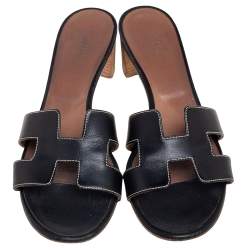 Hermes Black  Leather Oasis  Sandals Size 38.5