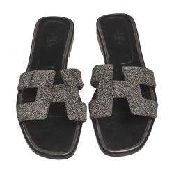 Pre Owned Hermes Black Glitter Oran Sandals Size 40