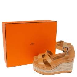 Pre Owned Hermés Light Orange Leather Ilana Espadrille Wedge Sandals Size 40