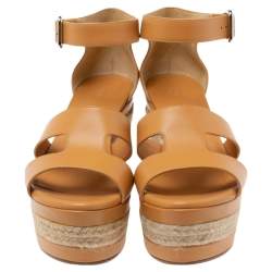 Pre Owned Hermés Light Orange Leather Ilana Espadrille Wedge Sandals Size 40