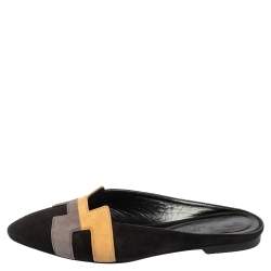 Pre Owned Hermes Black/Beige Suede Roxane Mules Size 37.5