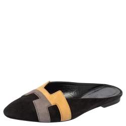Pre Owned Hermes Black/Beige Suede Roxane Mules Size 37.5