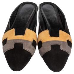 Pre Owned Hermes Black/Beige Suede Roxane Mules Size 37.5