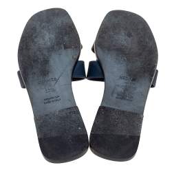 Pre Owned Hermes Navy Blue Leather Oran Flat Slides Size 37.5