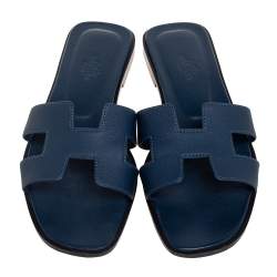 Pre Owned Hermes Navy Blue Leather Oran Flat Slides Size 37.5