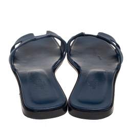 Pre Owned Hermes Navy Blue Leather Oran Flat Slides Size 37.5