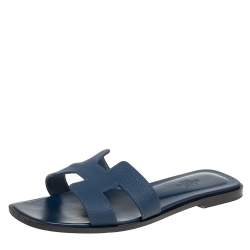 Pre Owned Hermes Navy Blue Leather Oran Flat Slides Size 37.5