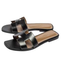 Hermes Black Leather Oran Flat Sandals Size 38