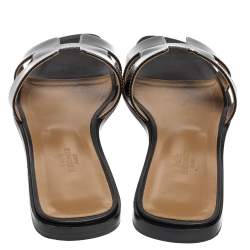 Hermes Black Leather Oran Flat Sandals Size 38