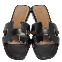Hermes Black Leather Oran Flat Sandals Size 38
