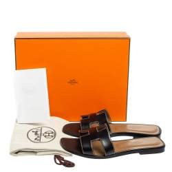Hermes Black Leather Oran Flat Sandals Size 38