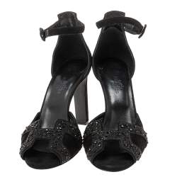 Hermes Black Suede And Crystal Embellished Premiere Ankle Strap Sandals Size 36.5