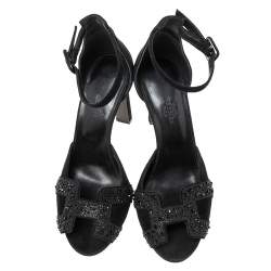Hermes Black Suede And Crystal Embellished Premiere Ankle Strap Sandals Size 36.5