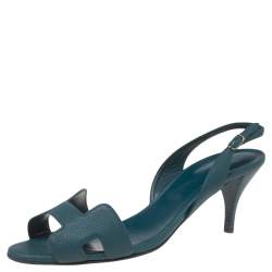 Pre Owned Hermes Teal Blue Leather Night Slingback Sandals Size 40