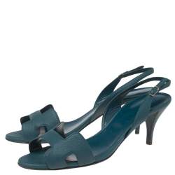 Pre Owned Hermes Teal Blue Leather Night Slingback Sandals Size 40