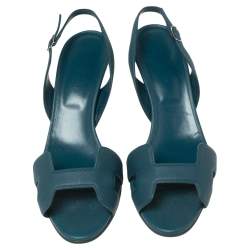 Pre Owned Hermes Teal Blue Leather Night Slingback Sandals Size 40