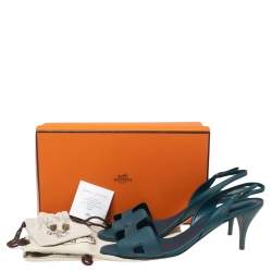 Pre Owned Hermes Teal Blue Leather Night Slingback Sandals Size 40