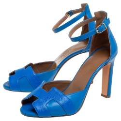 Pre Owned Hermes Blue Leather Highlight Ankle-Strap Sandals Size 37.5