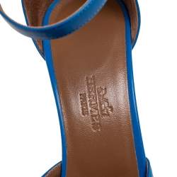 Pre Owned Hermes Blue Leather Highlight Ankle-Strap Sandals Size 37.5