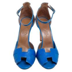 Pre Owned Hermes Blue Leather Highlight Ankle-Strap Sandals Size 37.5